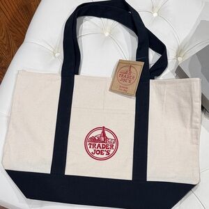 Trader Joe's Large Canvas Tote Bag - Cream & Navy